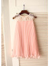 Pink Sheer Beaded Neckline Pleated Chiffon Knee Length Flower Girl Dress